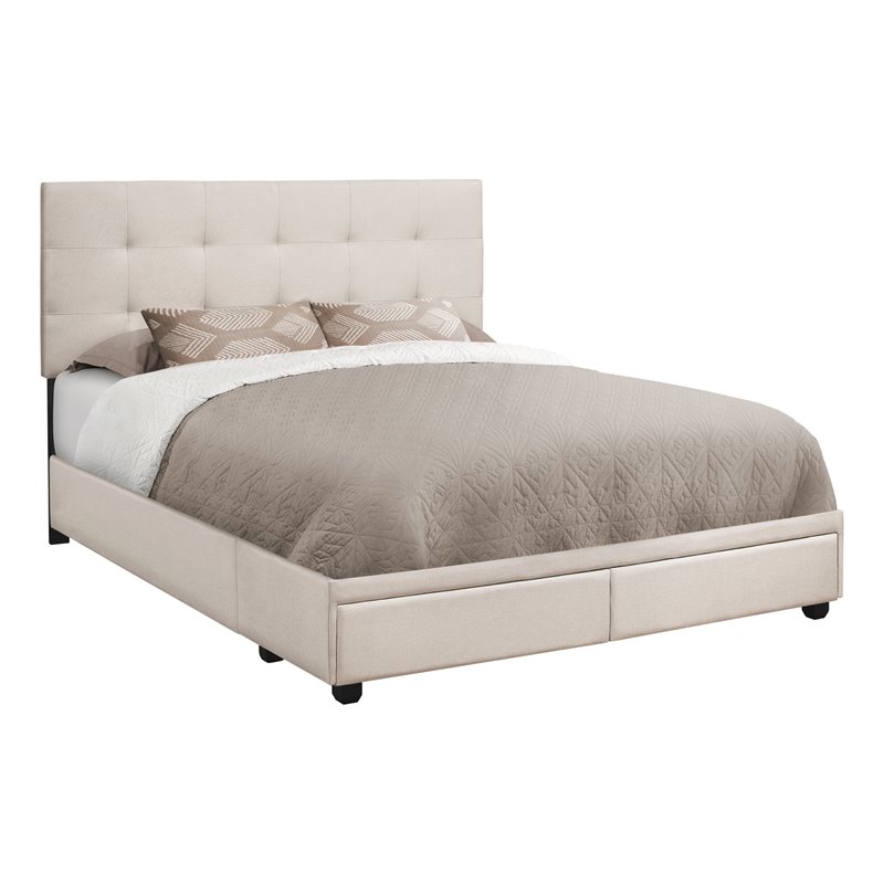 Bowery Hill Bed Queen Platform Bedroom Frame Upholstered Linen Look Beige Black