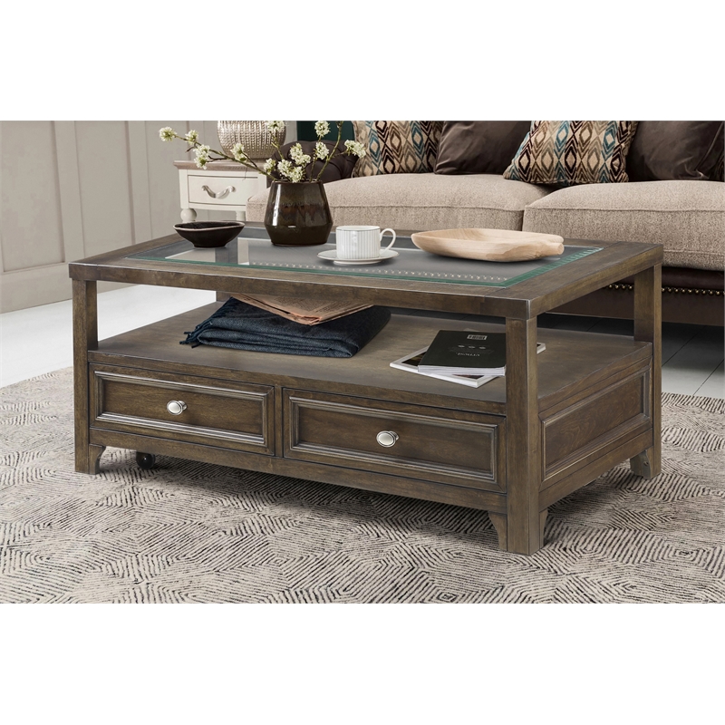 Bowery Hill Wood 2 Drawer Coffee Table in brown Cherry Finish