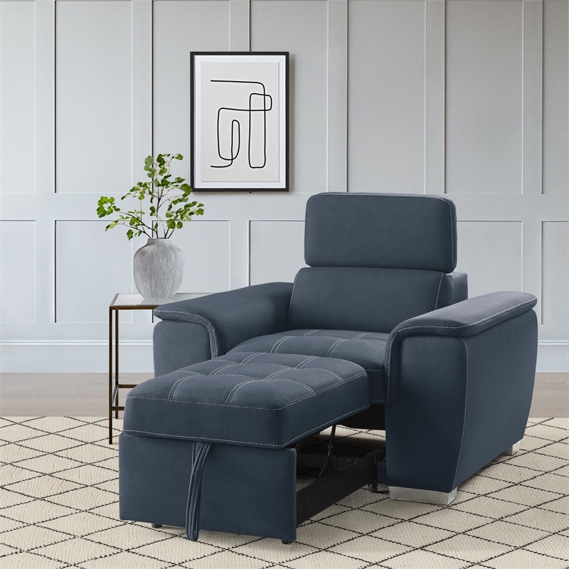 Bowery Hill Microfiber Accent Chair with Pull Out Ottoman in Blue