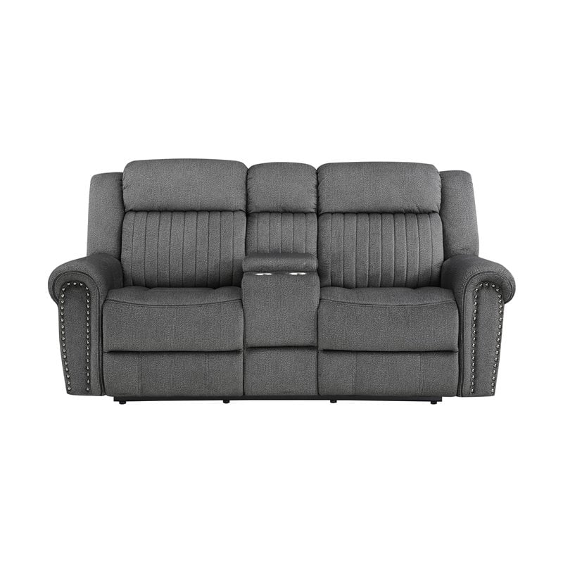Bowery Hill Microfiber Power Double Reclining Loveseat in Charcoal