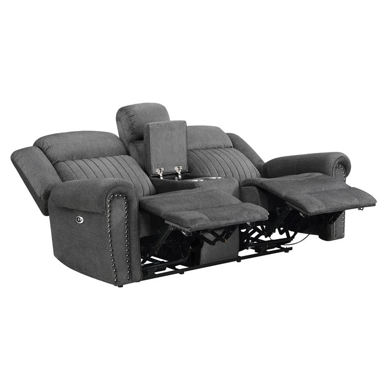 Bowery Hill Microfiber Power Double Reclining Loveseat in Charcoal