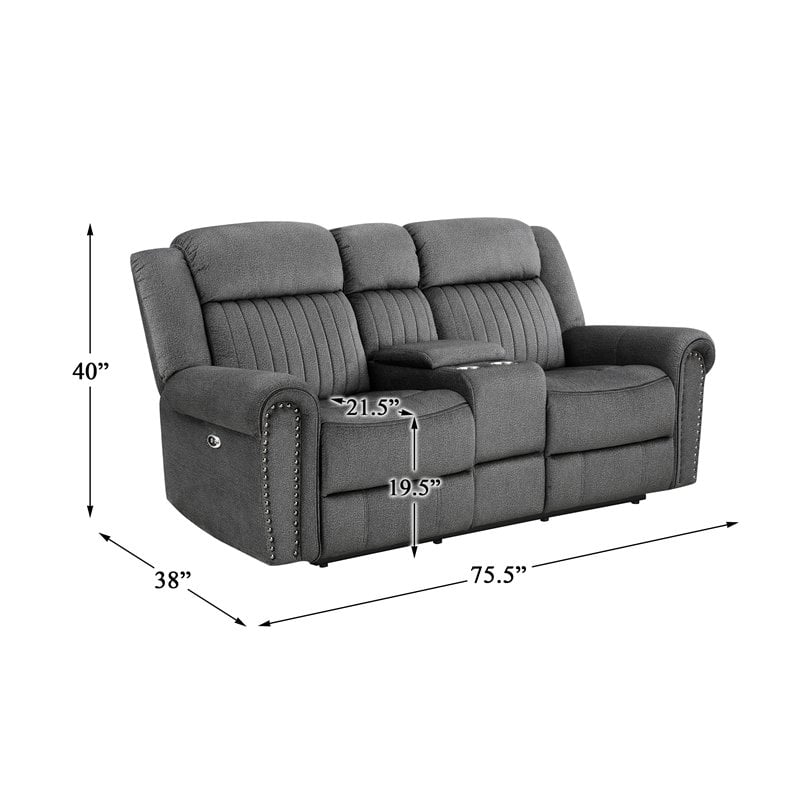 Bowery Hill Microfiber Power Double Reclining Loveseat in Charcoal