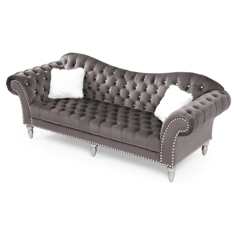 Bowery Hill Traditional Sofa Deep Tufted Dark Gray Velvet Finish