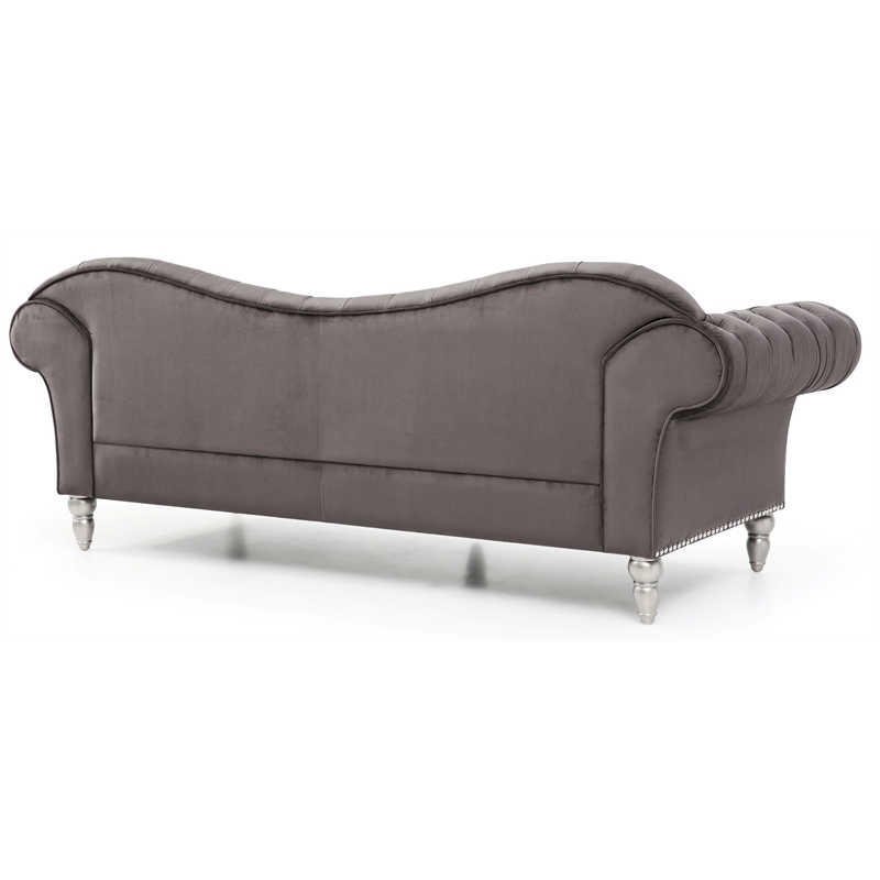 Bowery Hill Traditional Sofa Deep Tufted Dark Gray Velvet Finish