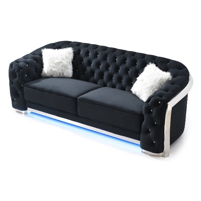 Bowery Hill Modern Black Velvet Sofa With LED Accent Lighting