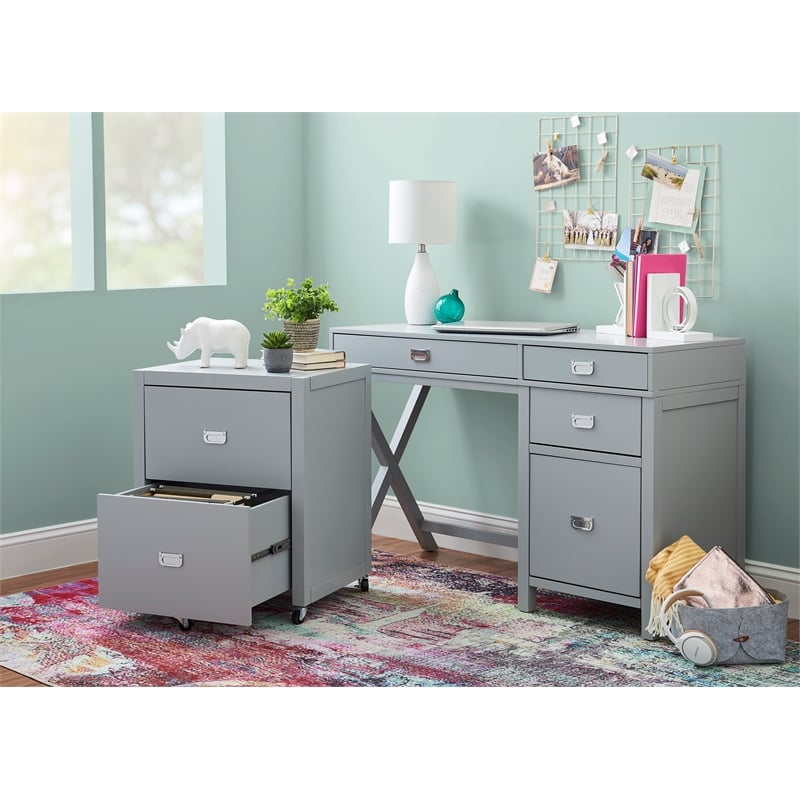 Bowery Hill Modern Wood Side Storage Desk with 4 Drawers Silver Hardware in Gray