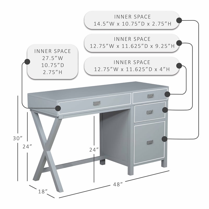 Bowery Hill Modern Wood Side Storage Desk with 4 Drawers Silver Hardware in Gray
