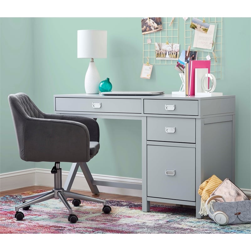 Bowery Hill Modern Wood Side Storage Desk with 4 Drawers Silver Hardware in Gray