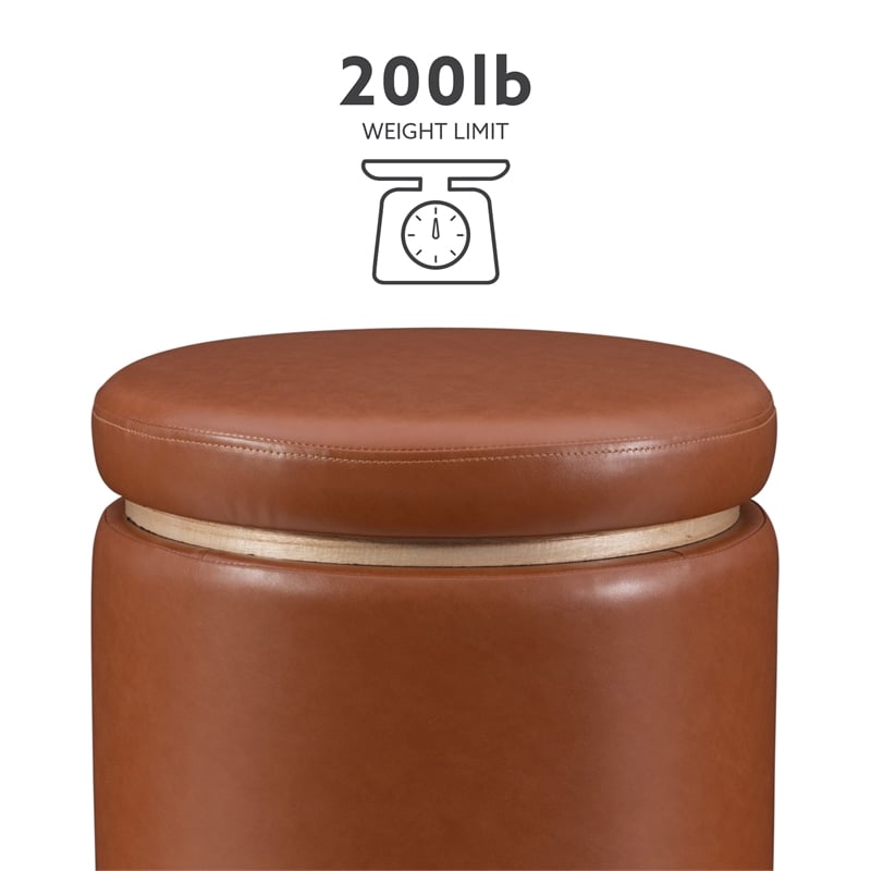 Bowery Hill Round Modern Faux Leather Padded Storage Ottoman in Caramel Brown