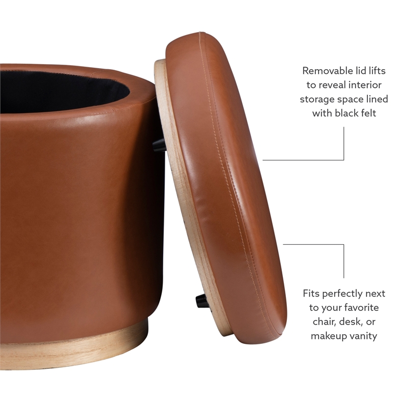 Bowery Hill Round Modern Faux Leather Padded Storage Ottoman in Caramel Brown