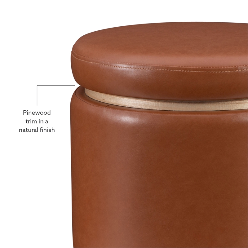 Bowery Hill Round Modern Faux Leather Padded Storage Ottoman in Caramel Brown