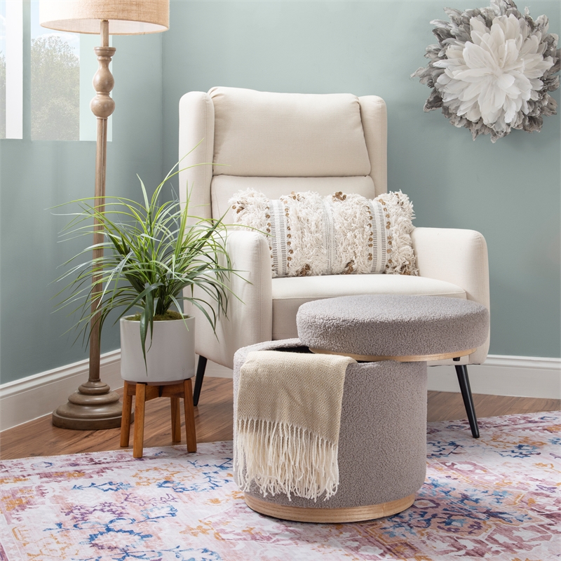 Bowery Hill Round Modern Fabric Padded Storage Ottoman in Gray