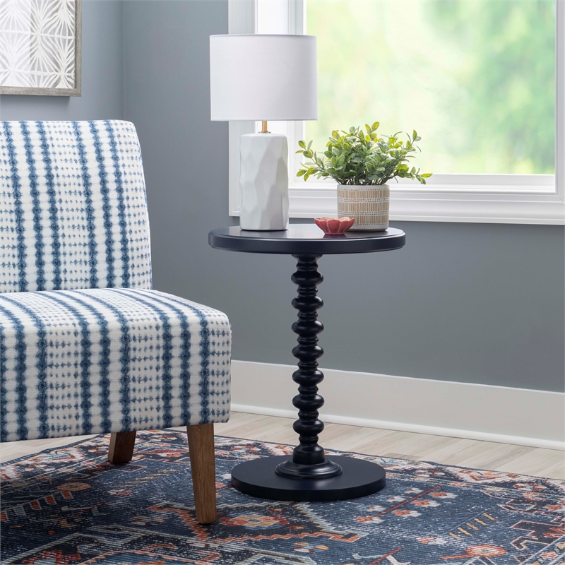Bowery Hill Wood Navy Blue Side Table Round Sturdy Pedestal Base 17