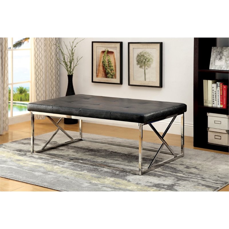 Bowery Hill Contemporary Faux Leather Tufted Bench in Black Finish