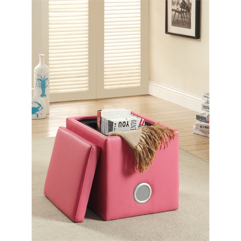 Bowery Hill Faux Leather Square Speaker Ottoman in Pink Finish