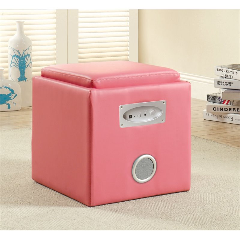 Bowery Hill Faux Leather Square Speaker Ottoman in Pink Finish
