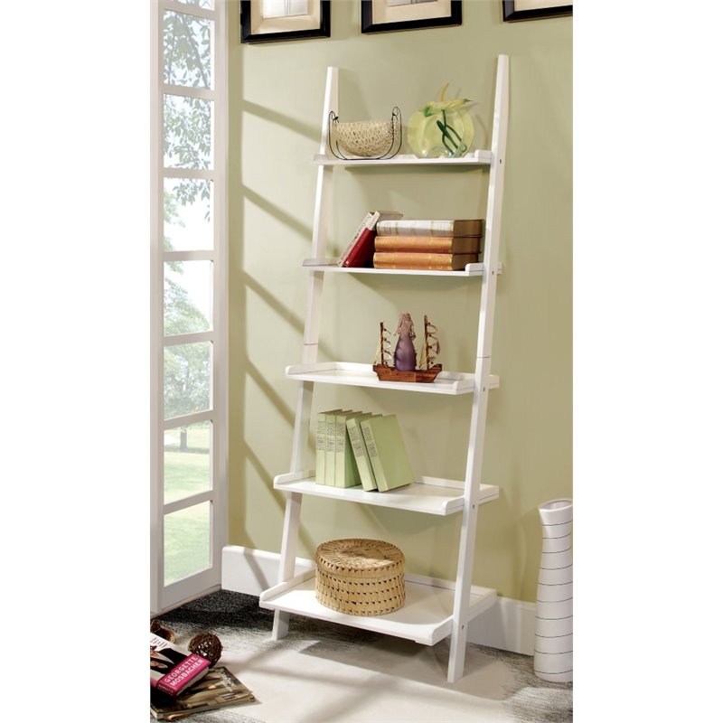 Bowery Hill Transitional Wood 5-Shelf Ladder Bookcase in White