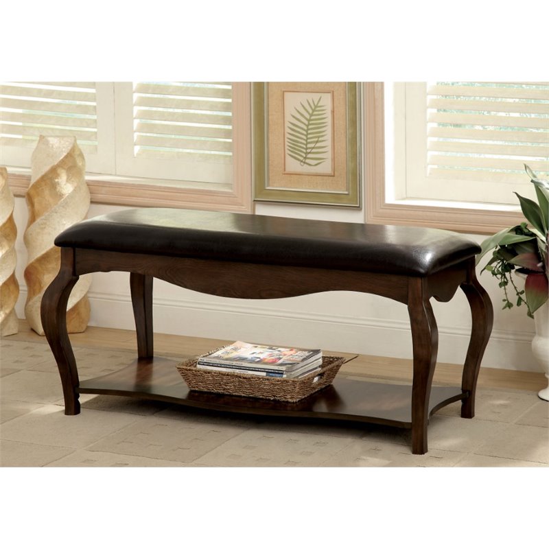 Bowery Hill Modern Faux Leather Padded Bench in Tobacco Oak Finish