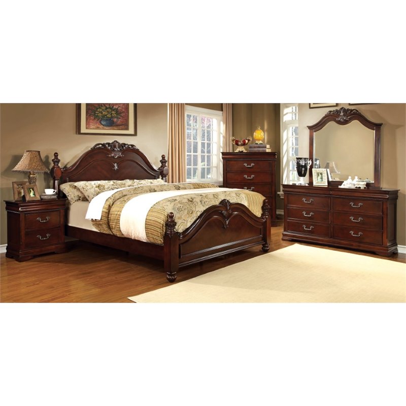 Bowery Hill 3pc Wood Panel Bedroom Set - Cal King + Nightstand + Chest in Cherry