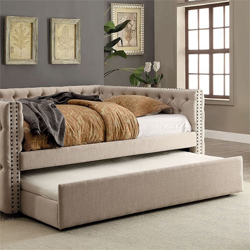 Bowery Hill Contemporary Fabric Twin Trundle in Ivory Finish