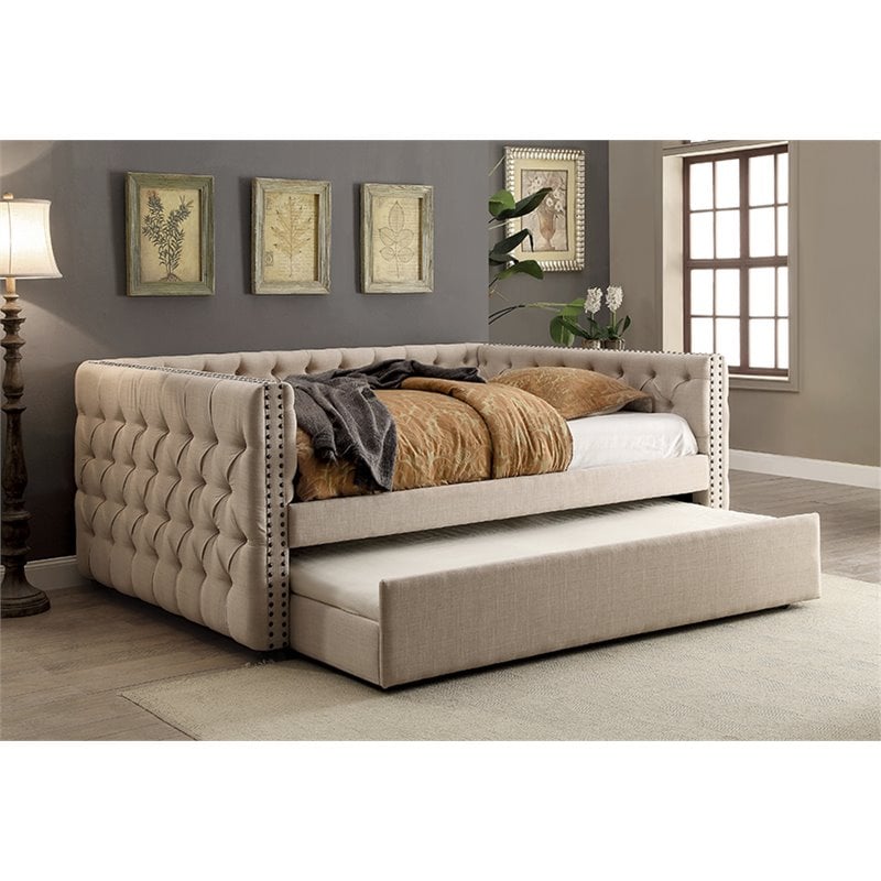 Bowery Hill Contemporary Fabric Twin Trundle in Ivory Finish