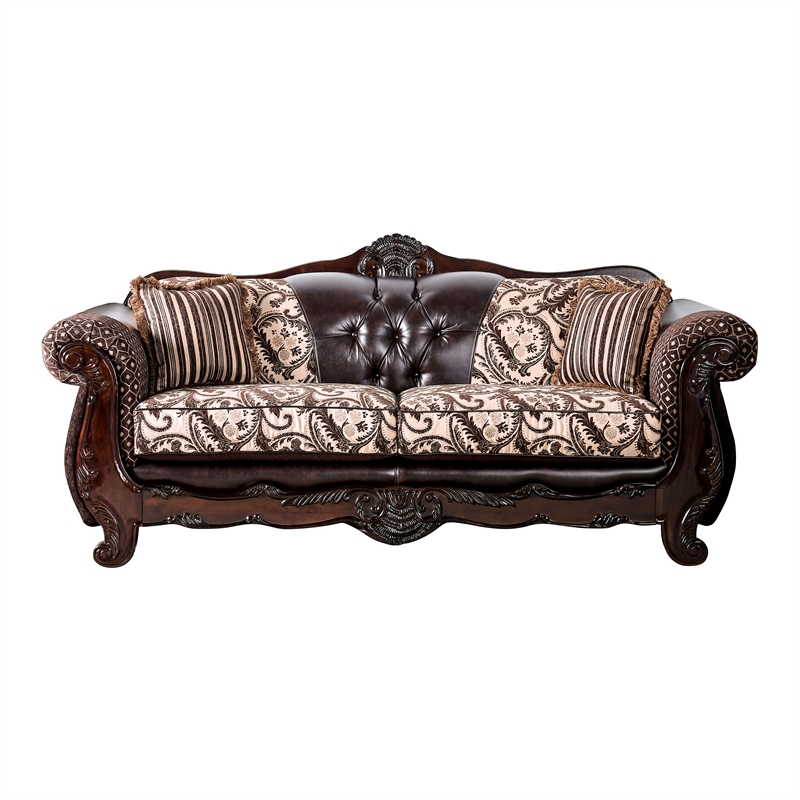 Bowery Hill Faux Leather Sofa in Dark Brown and Brown Finish
