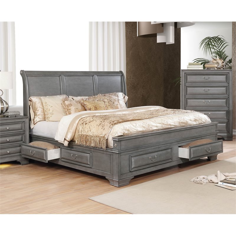 Bowery Hill Transitional Wood King Storage Platform Bed in Gray