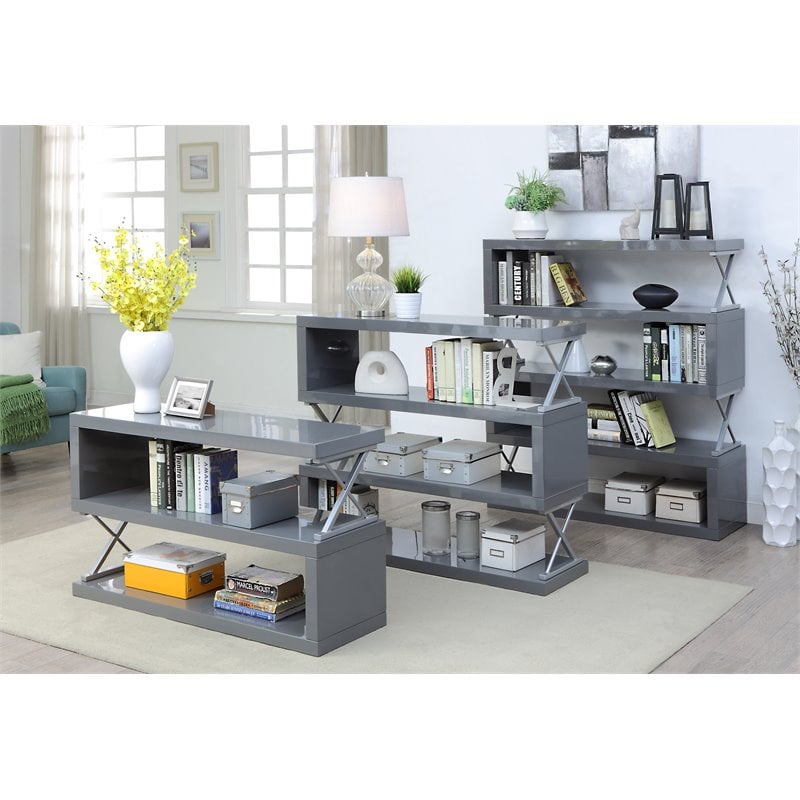 Bowery Hill Contemporary Wood 5-Shelf Bookcase in Glossy Gray