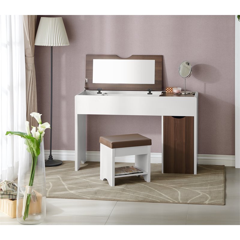 Bowery Hill Contemporary Wood Flip-Top Vanity Table Set in Walnut