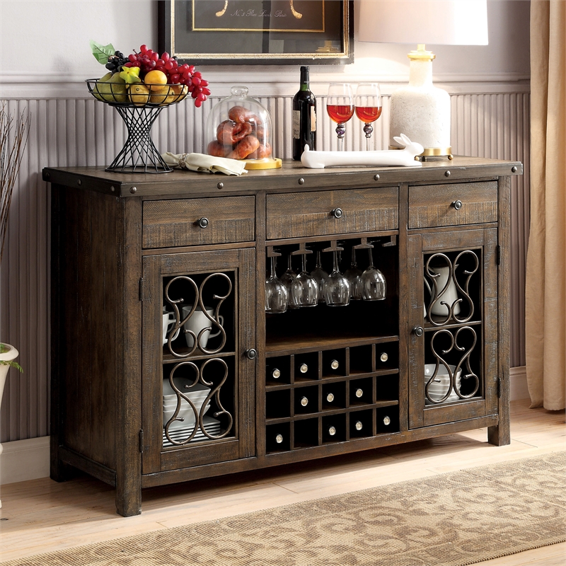 Bowery Hill Wood Wine Storage Buffet Server in Rustic Walnut