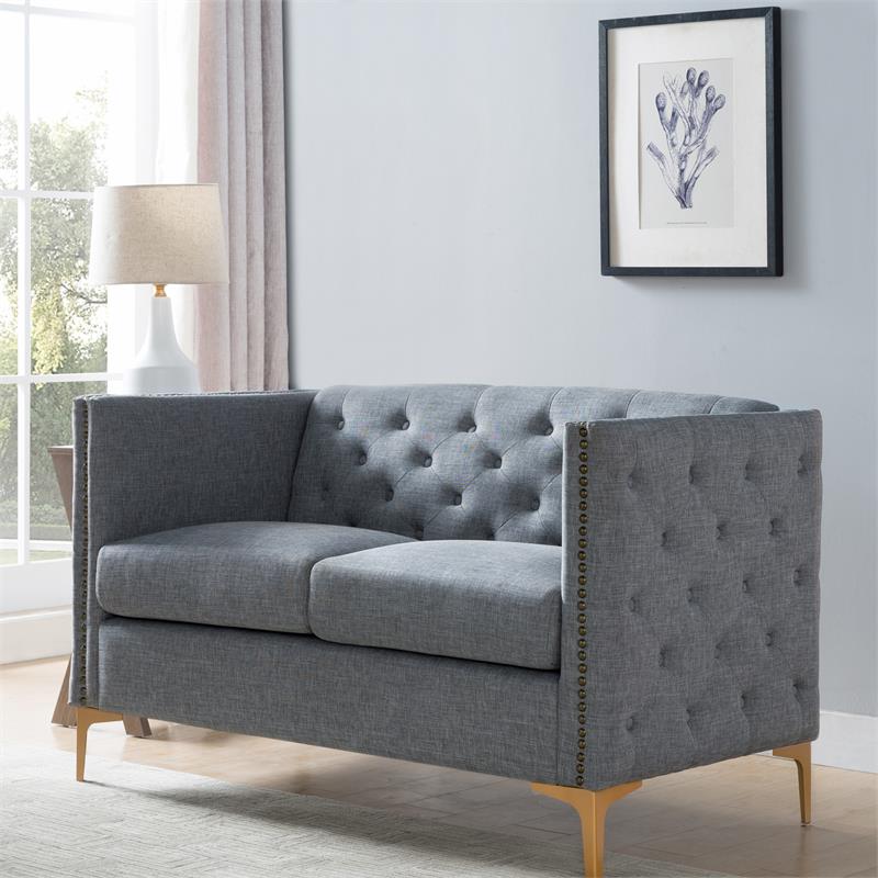 Bowery Hill Modern Fabric Tufted Loveseat with Pocket Coil Cushions in Gray