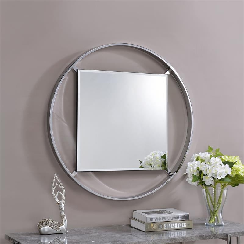 Bowery Hill Metal Frame Round Beveled Wall Mirror in Chrome