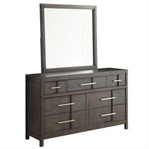 Bowery Hill 2-Piece 7 Drawers Transitional Wood Dresser and Mirror in Gray