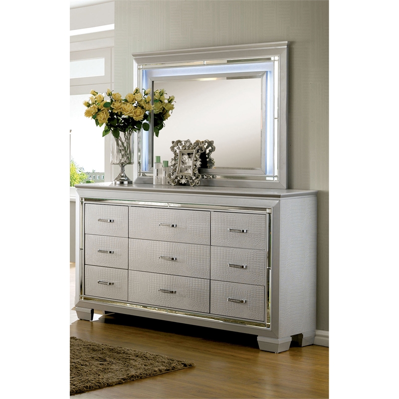 Bowery Hill 9-Drawer Contemporary Solid Wood Dresser in Silver
