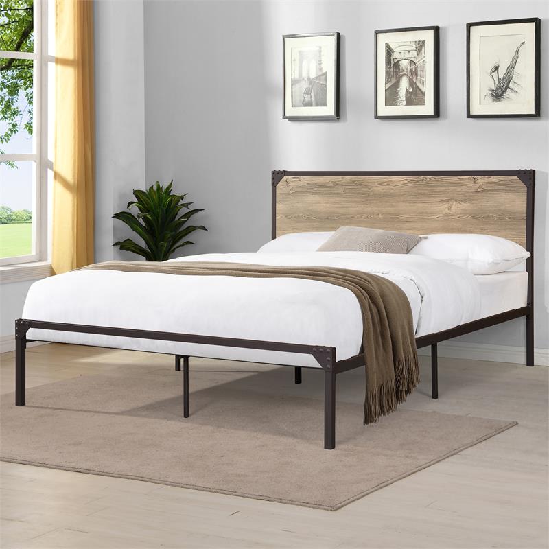 Bowery Hill Contemporary Metal Full Platform Bed in Gray/Dark Brown