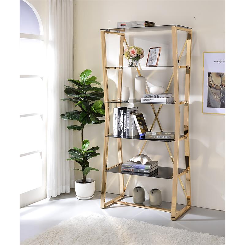Bowery Hill Contemporary Glass Shelves Bookcase in Gold Finish