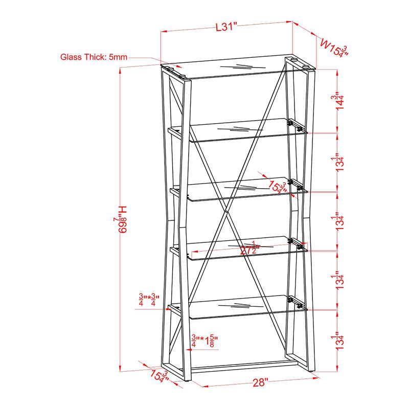 Bowery Hill Contemporary Glass Shelves Bookcase in Gold Finish