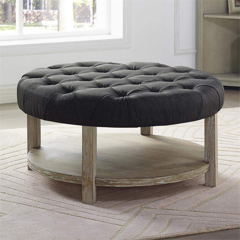 Bowery Hill Wood Tufted Ottoman in Natural and Dark Gray Finish