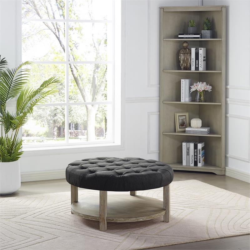 Bowery Hill Wood Tufted Ottoman in Natural and Dark Gray Finish