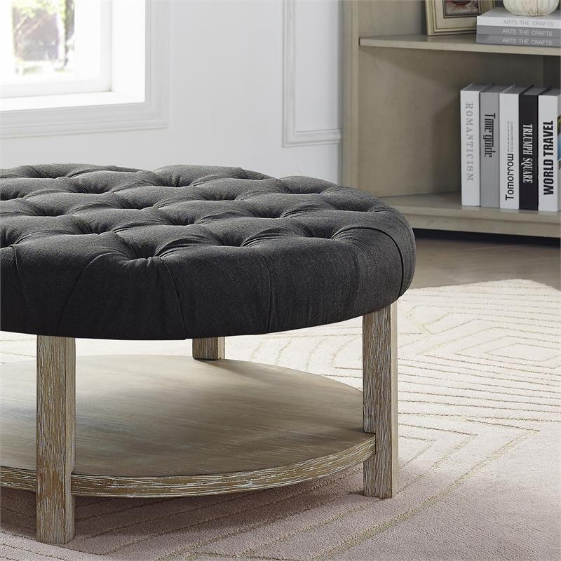 Bowery Hill Wood Tufted Ottoman in Natural and Dark Gray Finish