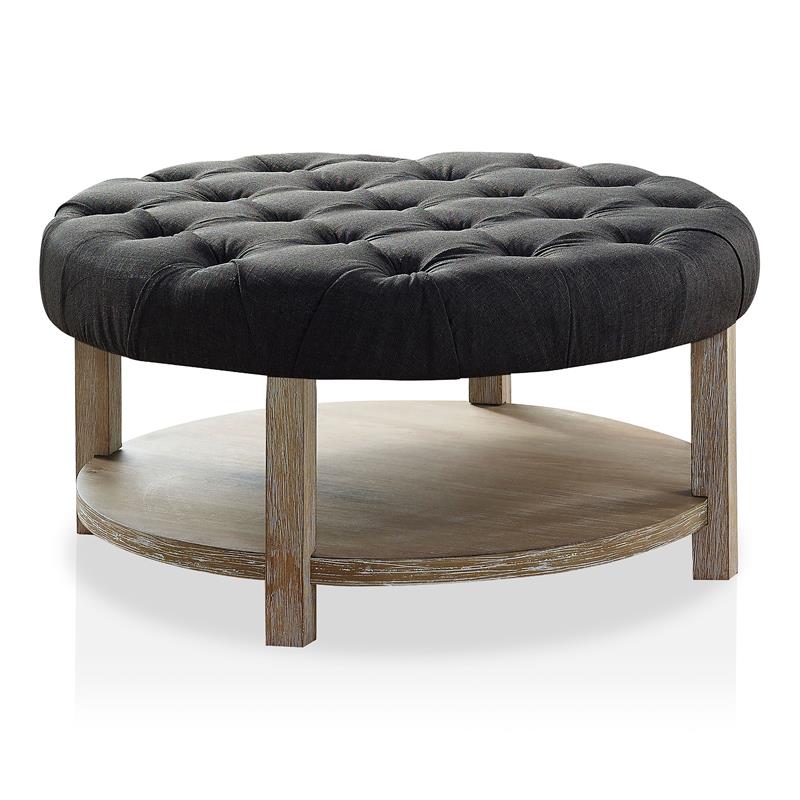 Bowery Hill Wood Tufted Ottoman in Natural and Dark Gray Finish