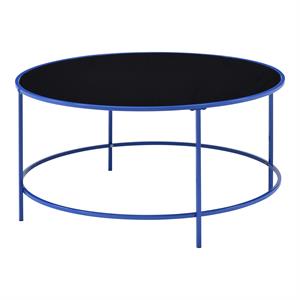 Bowery Hill Contemporary Glass Top Round Coffee Table in Blue
