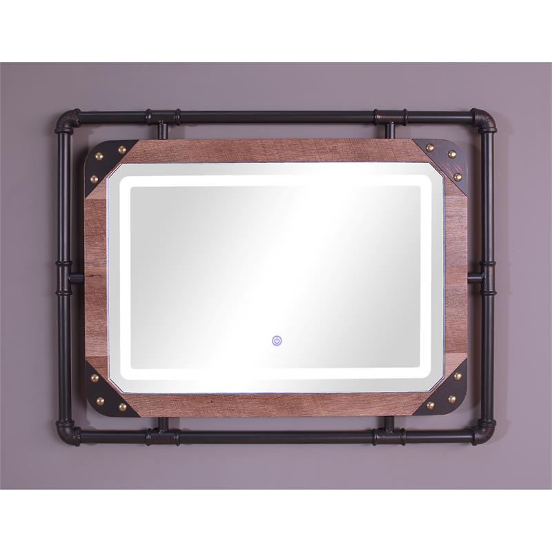 Bowery Hill Metal Wall Mirror with LED Light in Brown Finish