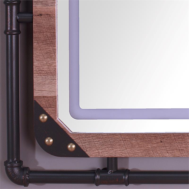 Bowery Hill Metal Wall Mirror with LED Light in Brown Finish