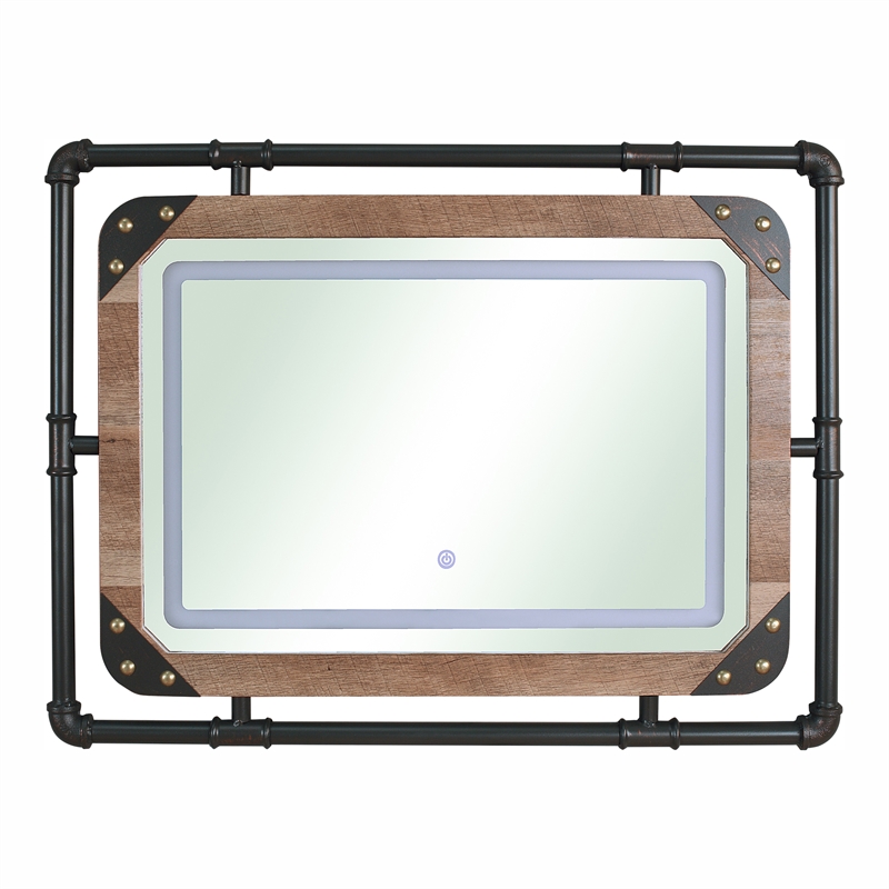 Bowery Hill Metal Wall Mirror with LED Light in Brown Finish