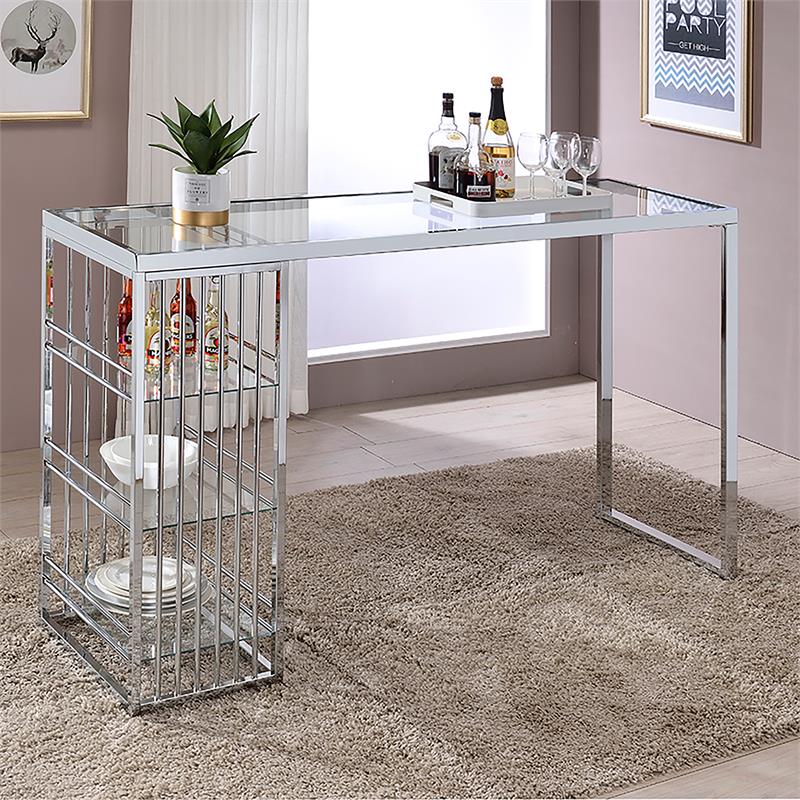 Bowery Hill Contemporary Glass Top Bar Table in Chrome Plating