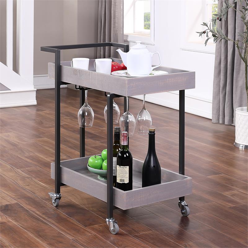 Bowery Hill Contemporary Wood Serving Cart in Antique Gray Finish