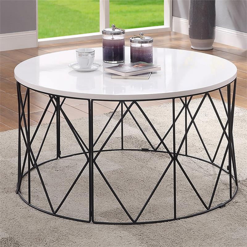 Bowery Hill Industrial Wood Round Coffee Table in White Finish