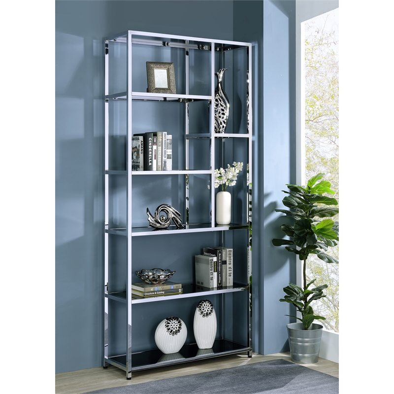 Bowery Hill Contemporary Metal 7-Shelf Bookcase in Chrome Finish