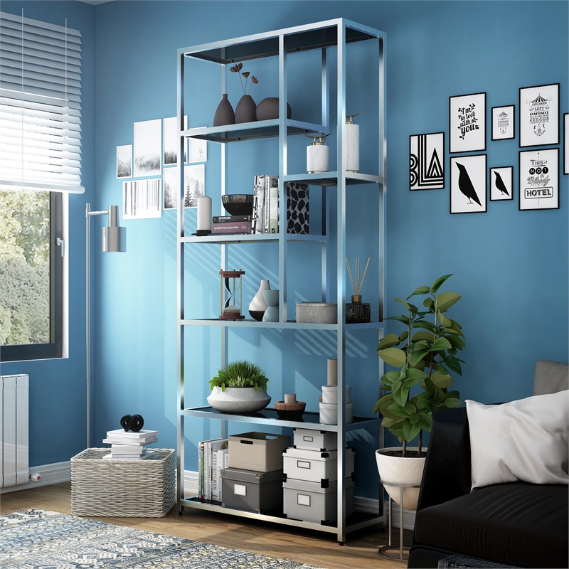 Bowery Hill Contemporary Metal 7-Shelf Bookcase in Chrome Finish